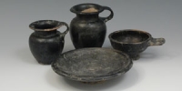 South Italian Black Glazed Pottery - Plate, Cup and Two Jars