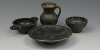 South Italian Black Glazed Pottery - Plate, 2 Cups and Jar