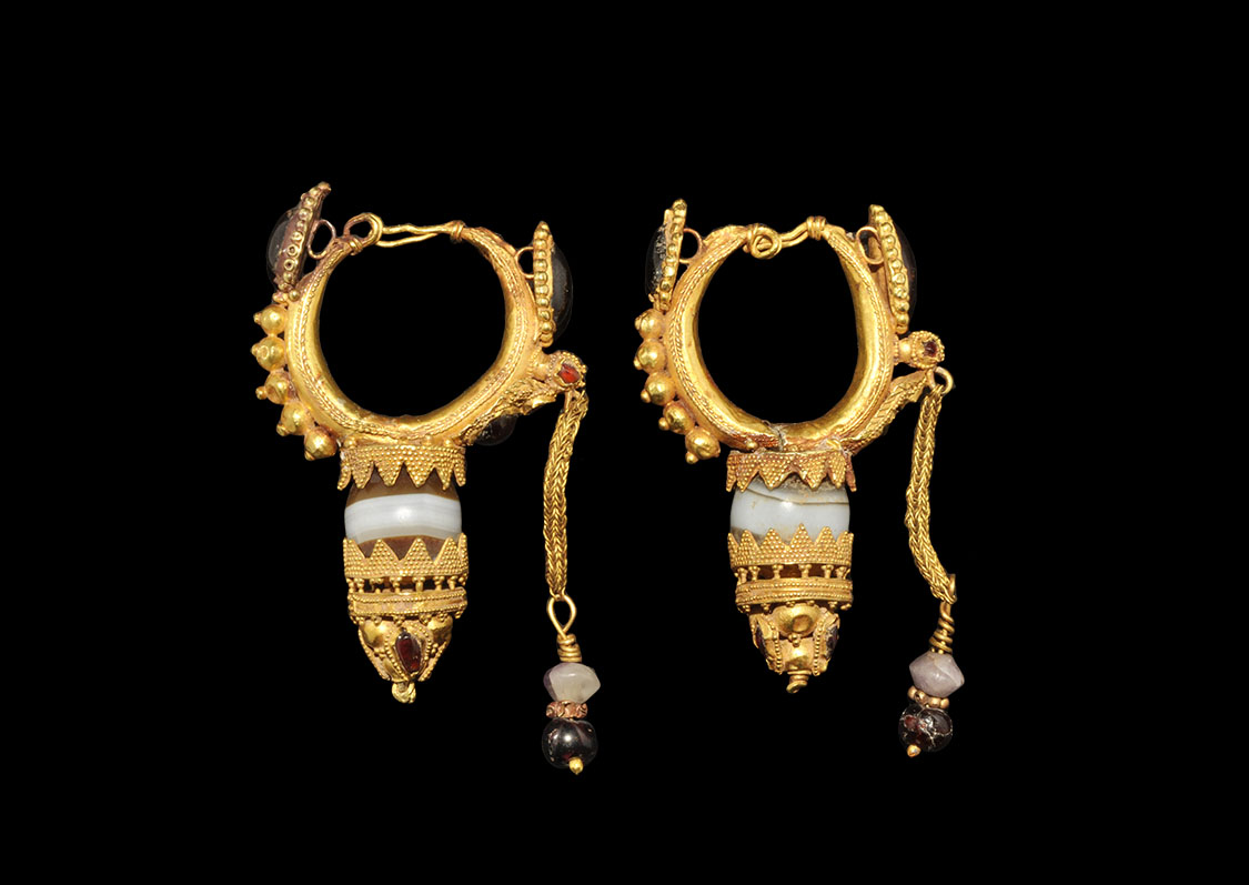 Greek Gold, Garnet and Agate Filigree Earring Pair