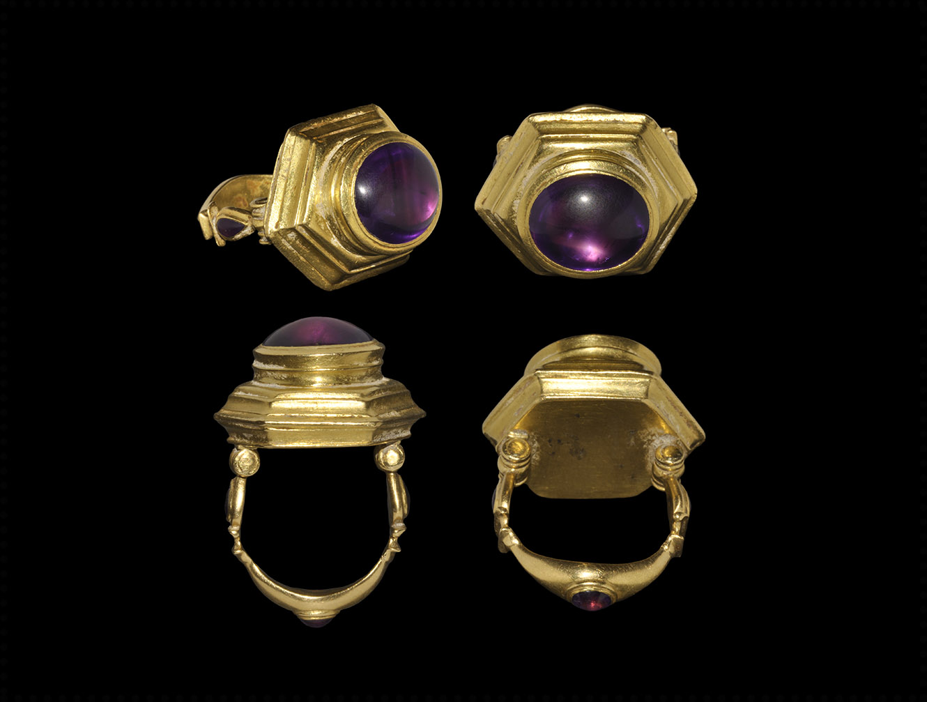 Greek Hellenistic Gold Hinged Ring with Amethysts