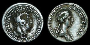 Roman Empire - Claudius and Agrippina Junior - Plated Denarius
