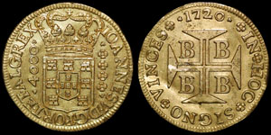Portuguese Brazil - John V - 4,000 Reis - Bahia - 1720