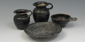South Italian Black Glazed Pottery - Plate, Cup and Two Jars