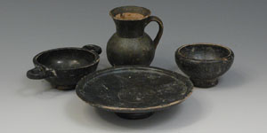 South Italian Black Glazed Pottery - Plate, 2 Cups and Jar